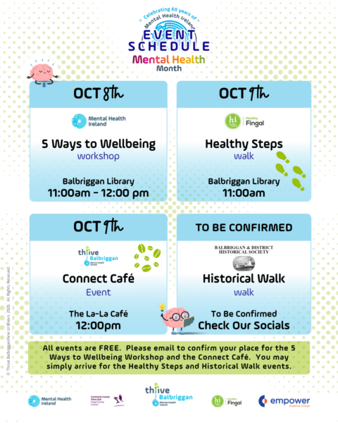 Poster for what's on in Thrive Balbriggan for World Mental Health Month.