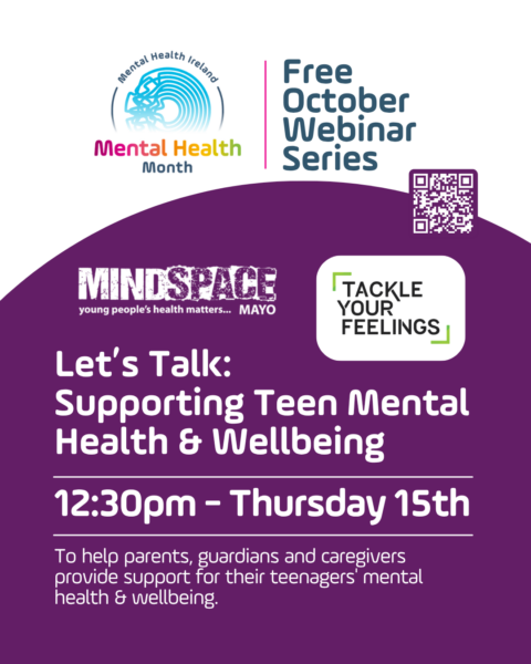 Poster for Mental Health Ireland's free webinar called Let's talk: Supporting teen mental health and wellbeing. On Thurs Oct 15th at 12.30pm.