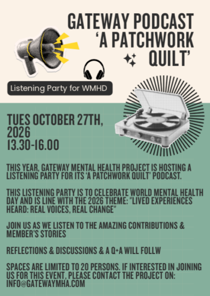A poster with a megaphone on it with details about a podcast listening party. All the details from the poster are in the body of text in the post.